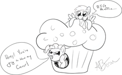 Size: 1024x626 | Tagged: safe, artist:affinityshy, derpy hooves, pinkie pie, pegasus, pony, g4, annoyed, black and white, disguise, female, grayscale, mare, monochrome, muffin, nom