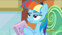 Size: 950x534 | Tagged: safe, screencap, rainbow dash, g4, the lost treasure of griffonstone, alternate hairstyle, animated, book, female, frown, manebow sparkle, solo, unamused, wide eyes