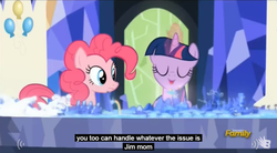 Size: 850x470 | Tagged: safe, screencap, pinkie pie, twilight sparkle, alicorn, pony, g4, the lost treasure of griffonstone, duo, meme, twilight sparkle (alicorn), youtube caption