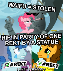 Size: 800x900 | Tagged: safe, cheese sandwich, king grover, party favor, pinkie pie, sugar belle, earth pony, griffon, pony, unicorn, g4, my little pony: friendship is magic, the lost treasure of griffonstone, bedroom eyes, crack shipping, crying, dank memes, exploitable meme, groverpie, hilarious in hindsight, male, marijuana, meme, mlg, rekt, shipping, shipping denied, stallion, statue, waifu thief