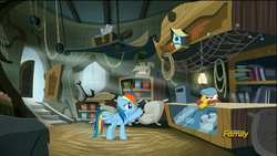 Size: 1920x1080 | Tagged: safe, screencap, gimme moore, rainbow dash, griffon, g4, the lost treasure of griffonstone, anchor, awkward, bird house, cash register, discovery family logo, grappling hook, hat, newsboy hat, rope, shop, trunk