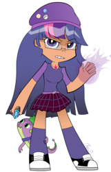 Size: 3090x4800 | Tagged: safe, artist:joemasterpencil, spike, twilight sparkle, dragon, human, g4, converse, gem, glasses, humanized, magic, panty and stocking with garterbelt, shoes, simple background, style emulation, transparent background