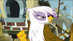 Size: 1920x1080 | Tagged: safe, screencap, gilda, griffon, g4, the lost treasure of griffonstone, discovery family logo, female, fist, griffon teeth, solo, teeth