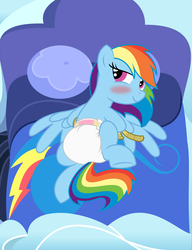 Size: 4743x6175 | Tagged: safe, artist:evilfrenzy, edit, rainbow dash, pegasus, pony, g4, absurd resolution, arm behind back, bed, bedroom eyes, blushing, bondage, cloud, cute, dashabetes, diaper, diaper fetish, female, implied snuggles, looking at you, mare, non-baby in diaper, pillow, poofy diaper, rainbond dash, rope, smiling, solo, spread wings, tied up