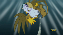 Size: 1920x1080 | Tagged: safe, screencap, gilda, griffon, g4, the lost treasure of griffonstone, abysmal abyss, discovery family logo, falling, female, hard hat, hat, rope, scared, solo