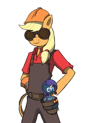 Size: 1840x2649 | Tagged: safe, artist:k19041904, applejack, rarity, anthro, g4, doll, engiejack, engineer, engineer (tf2), female, parody, plushie, rarispy, rarity plushie, solo, spy, spy (tf2), team fortress 2, toy, voodoo doll