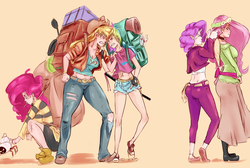 Size: 2500x1682 | Tagged: safe, artist:sundown, edit, applejack, fluttershy, pinkie pie, rainbow dash, rarity, crab, human, g4, angry, backpack, belly button, blushing, boots, choker, clothes, converse, dress, glare, gritted teeth, horn, horned humanization, humanized, midriff, op is a duck, op is trying to start shit, shoes, shorts, skinny, smiling, sneakers, sword, thin, torn clothes, weapon, winged humanization