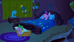 Size: 1366x768 | Tagged: safe, screencap, spike, twilight sparkle, dragon, pony, g4, winter wrap up, basket, bed, bedroom, clock, cuckoo clock, cute, duo, eyes closed, female, male, mare, night, open mouth, sleeping, smiling, telescope, twilight's bedroom