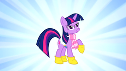 Size: 1366x768 | Tagged: safe, screencap, twilight sparkle, pony, unicorn, g4, winter wrap up, boots, clothes, female, looking at you, mare, raised hoof, saddle, scarf, smirk, solo, sunburst background, unicorn twilight