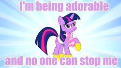 Size: 960x540 | Tagged: safe, edit, edited screencap, screencap, twilight sparkle, pony, unicorn, g4, winter wrap up, boots, clothes, cute, female, image macro, looking at you, meme, purple text, raised hoof, saddle, scarf, smirk, solo, unicorn twilight