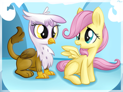 Size: 2204x1653 | Tagged: safe, artist:artoftheghostie, fluttershy, gilda, griffon, g4, the lost treasure of griffonstone, alternate scenario, cute, filly, gildadorable, shyabetes