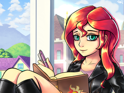 Size: 3200x2400 | Tagged: safe, artist:ligerstorm, sunset shimmer, human, equestria girls, g4, my little pony equestria girls: rainbow rocks, beautiful, cute, female, high res, humanized, journey book, looking at you, pen, smiling, solo, when she smiles