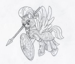 Size: 800x680 | Tagged: safe, artist:sensko, crystal pegasus, crystal pony, pony, armor, army, black and white, crystal empire, grayscale, monochrome, pencil drawing, shield, solo, spear, traditional art, weapon