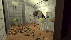 Size: 1280x720 | Tagged: safe, oc, oc only, oc:breezy, 3d, bathroom, blank flank, clothes, context is for the weak, doll, gmod, scarf, solo, toilet, wat, watermelon, wide eyes