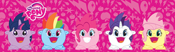 Size: 600x180 | Tagged: safe, fluttershy, pinkie pie, rainbow dash, rarity, twilight sparkle, alicorn, pony, g4, :d, candy dispenser, female, mare, merchandise, radz, twilight sparkle (alicorn)