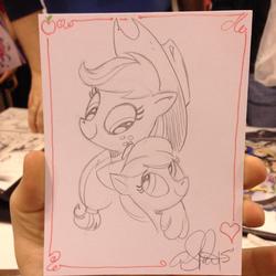 Size: 1024x1024 | Tagged: safe, artist:andy price, apple bloom, applejack, g4, monochrome, sisters, traditional art