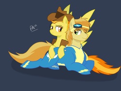 Size: 2048x1536 | Tagged: safe, artist:pimpartist101, braeburn, spitfire, g4, accessory swap, bedroom eyes, clothes swap, female, leaning, male, prone, shipping, smiling, spitburn, straight