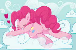 Size: 998x660 | Tagged: safe, artist:powaito, pinkie pie, earth pony, pony, g4, balloonbutt, blushing, butt, cloud, cute, diapinkes, female, heart, mare, on a cloud, plot, prone, sky, smiling, solo, underhoof