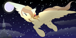 Size: 1024x512 | Tagged: safe, artist:oasis-image, oc, oc only, oc:alice goldenfeather, flying, moon, night, solo