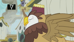Size: 1088x612 | Tagged: safe, screencap, gunter, pinkie pie, bird, earth pony, griffon, hybrid, owl, owl griffon, pony, g4, the lost treasure of griffonstone, animated, butt, discovery family, discovery family logo, dismissive, excited, female, fez, grabbing, griffonstone, hat, nest, plot, rude, saddle bag, shocked, squint, tree