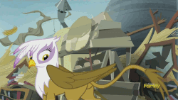 Size: 1088x612 | Tagged: safe, screencap, gilda, greta, griffon, g4, the lost treasure of griffonstone, animated, clothes, concerned, discovery family, discovery family logo, dismissive, female, glare, griffonstone, helping, looking down, male, nest, rude, scarf, tree
