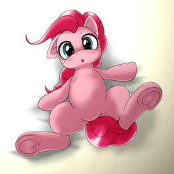 Size: 1000x1000 | Tagged: safe, artist:ushiro no kukan, pinkie pie, earth pony, pony, g4, belly, belly button, blushing, cute, diapinkes, featureless crotch, female, floppy ears, frog (hoof), heart, hoof heart, looking at you, on back, one ear down, solo, underhoof, weapons-grade cute