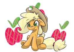Size: 1000x700 | Tagged: safe, artist:heir-of-rick, applejack, daily apple pony, g4, apple, cute, floppy ears, simple background, sitting, style emulation