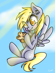 Size: 768x1024 | Tagged: safe, artist:iponylover, derpy hooves, pegasus, pony, g4, ear fluff, female, flying, heart eyes, mare, muffin, solo, that pony sure does love muffins, wingding eyes