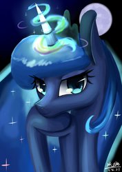 Size: 1024x1444 | Tagged: safe, artist:17lu-li, princess luna, g4, bedroom eyes, female, leaning, looking at you, magic, moon, portrait, smiling, solo