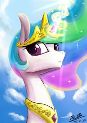 Size: 1024x1444 | Tagged: safe, artist:17lu-li, princess celestia, g4, crepuscular rays, female, magic, solo, sun