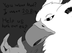 Size: 2352x1722 | Tagged: safe, artist:gatheringdust, artist:messenger, oc, oc only, oc:lafiri, griffon, g4, the lost treasure of griffonstone, bits, caption, grayscale, greed, greedy, moderation, monochrome, solo