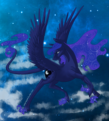 Size: 912x1012 | Tagged: safe, artist:sketchysapphire, princess luna, classical unicorn, g4, female, flying, horn, leonine tail, solo