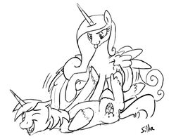 Size: 1100x872 | Tagged: safe, artist:silfoe, princess cadance, shining armor, royal sketchbook, g4, :p, cute, eyes closed, female, good clean married tickles, grayscale, laughing, male, monochrome, on back, open mouth, shining adorable, ship:shiningcadance, shipping, sketch, straight, tickling, tongue out