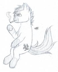 Size: 1305x1605 | Tagged: safe, artist:hypno, oc, oc only, earth pony, pony, black and white, cigarette, grayscale, male, monochrome, simple background, sitting, smoking, solo, stallion, traditional art