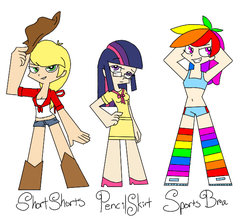 Size: 641x567 | Tagged: safe, artist:bunnycat, applejack, rainbow dash, twilight sparkle, human, g4, belly button, clothes, female, glasses, humanized, looking at you, midriff, panty and stocking with garterbelt, pencil skirt, shorts, skirt, socks, sports bra, style emulation, thigh highs, wip