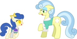 Size: 1023x526 | Tagged: safe, artist:0nautile18e26, nurse coldheart, nurse snowheart, oc, pony, g4, bioshock, brigid tenenbaum, clothes, crossover, crying, dress, duo female, female, filly, gasp, glowing eyes, little sister, mare, raised hoof, simple background, smiling, sweater, transparent background, vector