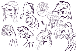 Size: 3048x2048 | Tagged: safe, artist:nadnerbd, pinkie pie, princess celestia, rainbow dash, twilight sparkle, g4, high res, monochrome, pinkamena diane pie, portrait, sketch, sketch dump