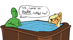 Size: 875x483 | Tagged: safe, artist:visiti, applejack, oc, oc:anon, human, pony, applejack is not amused, blonde, bubble, dialogue, frown, glare, jacuzzi, loose hair, messy mane, nipples, nudity, on back, open mouth, silly, silly pony, slice of life, spa, this will end in angry countryisms, this will end in pain and/or angry countryisms, tub, unamused, water, water trough, we don't normally wear clothes, wet mane