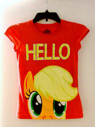 Size: 1186x1576 | Tagged: safe, applejack, g4, clothes, cute, jackabetes, missing accessory, my little pony logo, palindrome get, photo, print, t-shirt, text