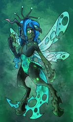 Size: 594x1000 | Tagged: safe, artist:dfectivedvice, artist:firebird145, queen chrysalis, changeling, changeling queen, semi-anthro, g4, arm hooves, belly button, colored, cracked, crying, female, injured, solo