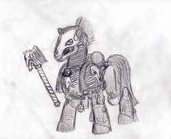 Size: 795x647 | Tagged: safe, artist:cahook2, pony, armor, chaplain, crozius arcanum, monochrome, ponified, power armor, solo, space marine, traditional art, warhammer (game), warhammer 40k