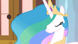 Size: 1366x768 | Tagged: safe, screencap, princess celestia, g4, my little pony: friendship is magic, sweet and elite, content celestia, eyes closed, female, smiling, solo