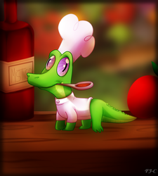 Size: 900x1000 | Tagged: safe, artist:fj-c, gummy, g4, the lost treasure of griffonstone, chef, chef's hat, clothes, cute, gummybetes, hat, male, mouth hold, solo, spoon