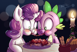 Size: 1200x822 | Tagged: safe, artist:tadashi--kun, spike, sweetie belle, dragon, pony, unicorn, g4, blushing, candle, duo, eating, female, food, lady and the tramp, male, meatball, messy eating, puffy cheeks, scene parody, ship:spikebelle, shipping, spaghetti, spaghetti scene, straight