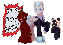 Size: 3508x2480 | Tagged: safe, artist:mylittlesheepy, oc, oc only, oc:astral, oc:mach, oc:silverbolt, pegasus, pony, fallout equestria, fallout equestria: outlaw, blank flank, brother and sister, caught, clothes, colt, commission, cookie, cookie jar, crying, female, filly, floppy ears, high res, male, raised hoof, scar, siblings, stallion, uniform, yelling, younger