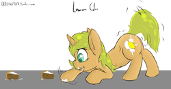Size: 1174x610 | Tagged: safe, artist:magical disaster, oc, oc only, oc:lemon cake, behaving like a cat, cake, eating, face down ass up, messy eating, scrunchy face