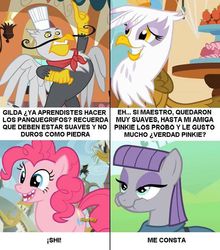 Size: 634x720 | Tagged: safe, edit, edited screencap, screencap, gilda, gustave le grande, maud pie, pinkie pie, griffon, pony, g4, griffon the brush off, maud pie (episode), mmmystery on the friendship express, the lost treasure of griffonstone, broken teeth, comic, female, griffon scone, male, mare, spanish, translated in the comments, translated in the description