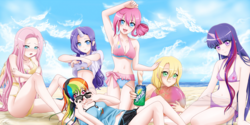 Size: 3200x1598 | Tagged: safe, artist:srtagiuu, applejack, fluttershy, pinkie pie, rainbow dash, rarity, twilight sparkle, human, g4, absolute cleavage, adorasexy, armpits, beach, beach ball, belly button, bicolor swimsuit, bikini, blue swimsuit, blushing, breasts, cleavage, clothes, colored pupils, covering, cute, cutie mark swimsuit, dashabetes, diapinkes, embarrassed, eye clipping through hair, female, frilled swimsuit, horn, horned humanization, humanized, jackabetes, looking at you, mane six, midriff, nail polish, orange swimsuit, pink swimsuit, product placement, purple swimsuit, raribetes, see-through, sexy, shirt lift, shyabetes, side-tie bikini, sprite (brand), string bikini, sunglasses, swimsuit, twiabetes, white swimsuit, winged humanization, yellow swimsuit