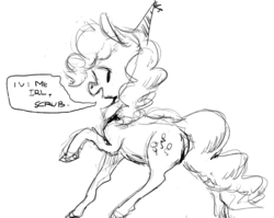 Size: 1005x800 | Tagged: dead source, safe, artist:berrydrops, pinkie pie, earth pony, pony, g4, female, grayscale, mare, monochrome, party hat, raised hoof, solo, u wot m8