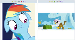 Size: 512x273 | Tagged: safe, screencap, gilda, rainbow dash, griffon, derpibooru, g4, my little pony: friendship is magic, the lost treasure of griffonstone, cute, exploitable meme, gildadorable, juxtaposition, juxtaposition win, meme, meta